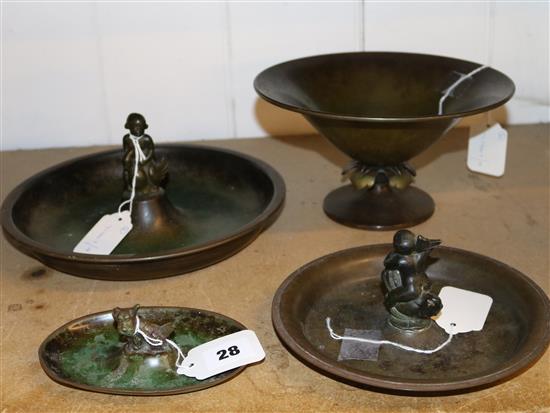 Ildfast Bronce, Denmark, four bronze pieces, inc three dishes with figural surmounts & a footed bowl with acanthus stem